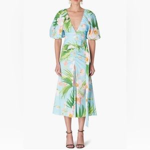 NWT $1790 Carolina Herrera Floral Print Ruched Cotton Stretch Poplin Dress - 16!